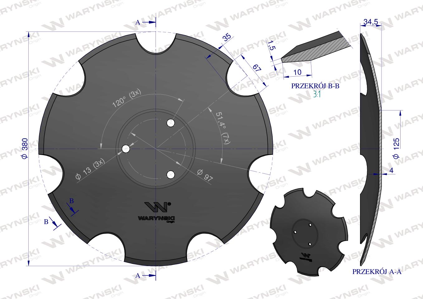 Talerz uzębiony Z-7 fi 380, mocowanie 3 / 97mm grubość 4mm, zastosowanie Horsch 34521701, Waryński