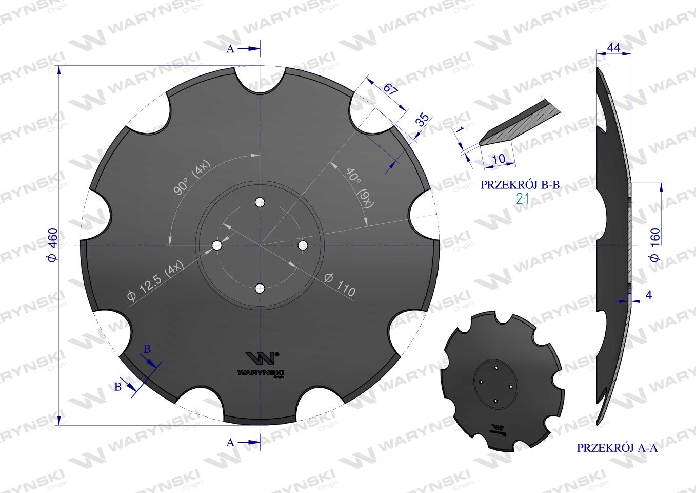 Talerz uzębiony Z-9 fi 460, mocowanie 4 / 110mm grubość 4mm, zastosowanie Amazone Catros XL034, Waryński