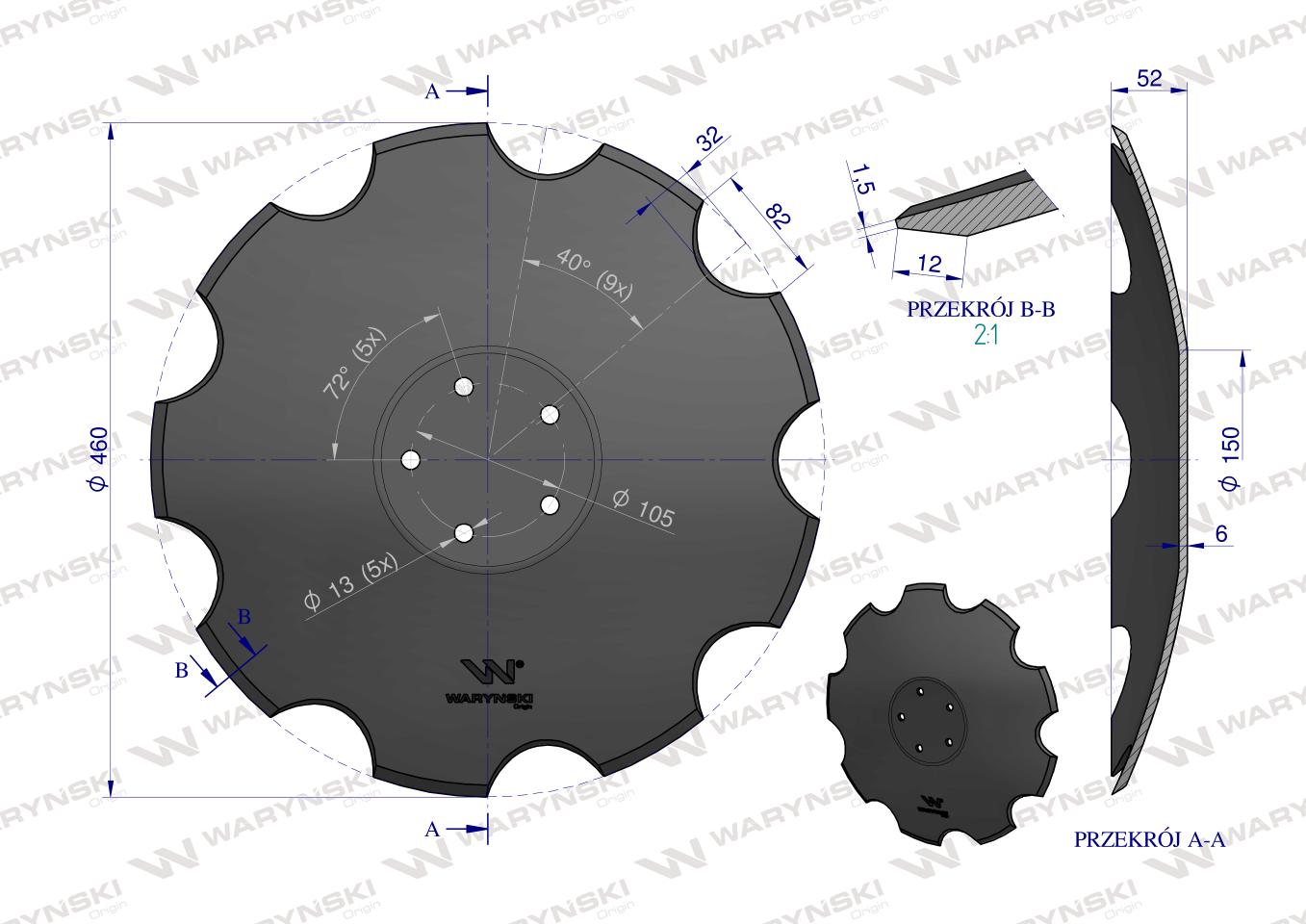 Talerz uzębiony Z-9 fi 460mm, mocowanie 5 / 105mm grubość 6mm, zastosowanie Horsch 28071304, Waryński