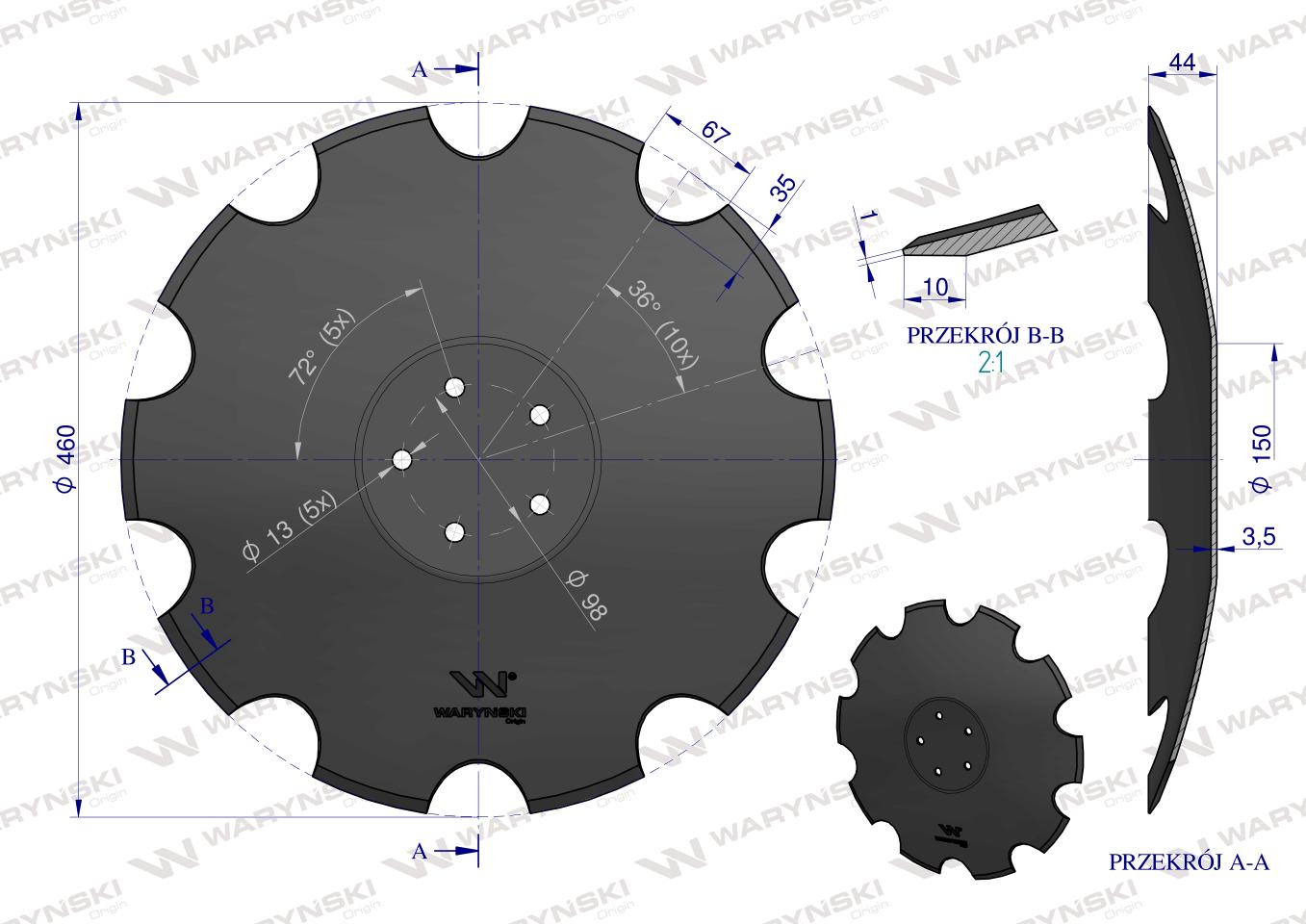 Talerz, uzębiony Z-10 fi 460 mocowanie 5/98 grubość 3,5 mm stal borowa prosta piasta, Waryński