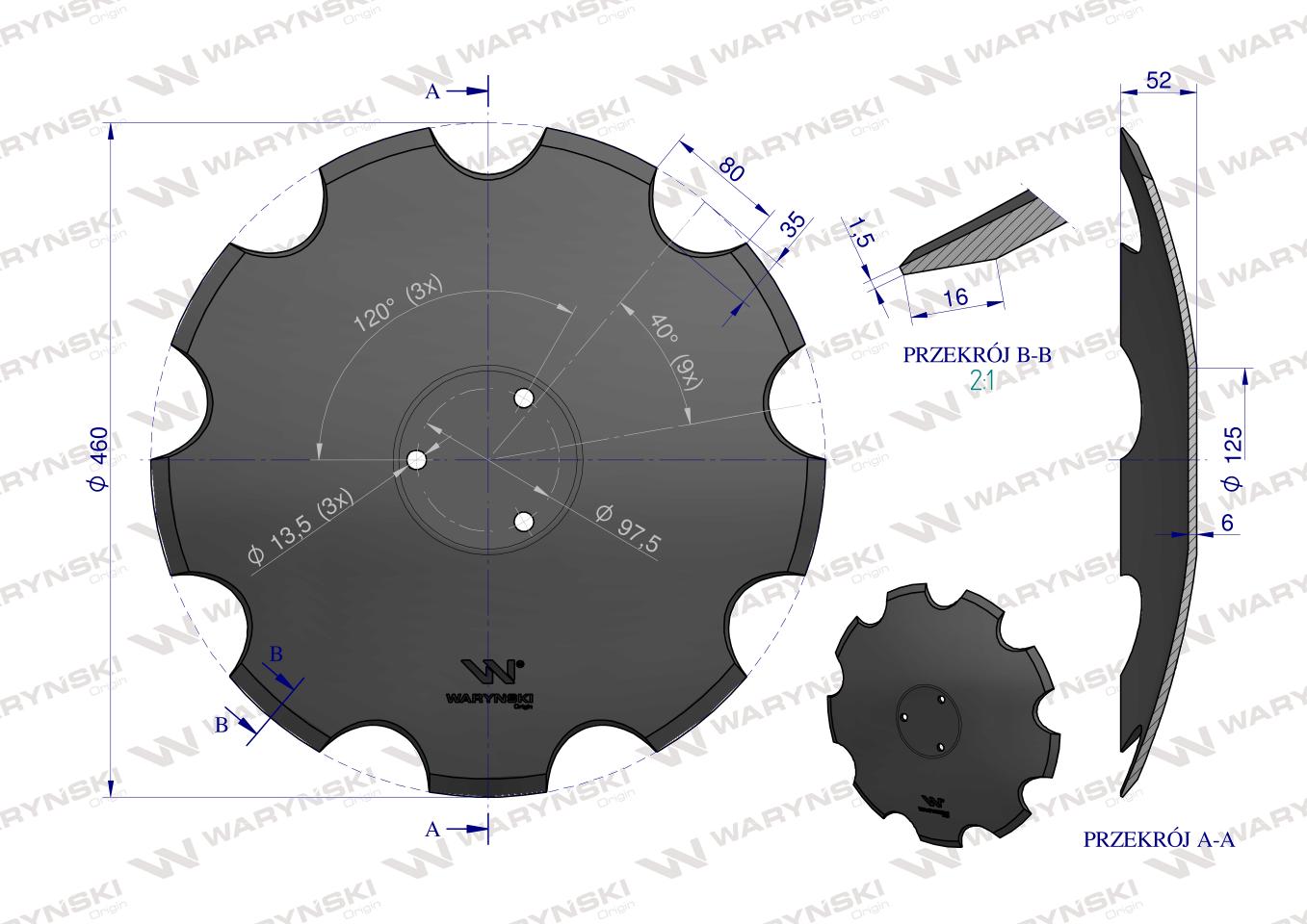 Talerz uzębiony Z-9 fi 460mm, mocowanie 3 / 97mm grubość 6mm, zastosowanie Horsch 23246106, Waryński