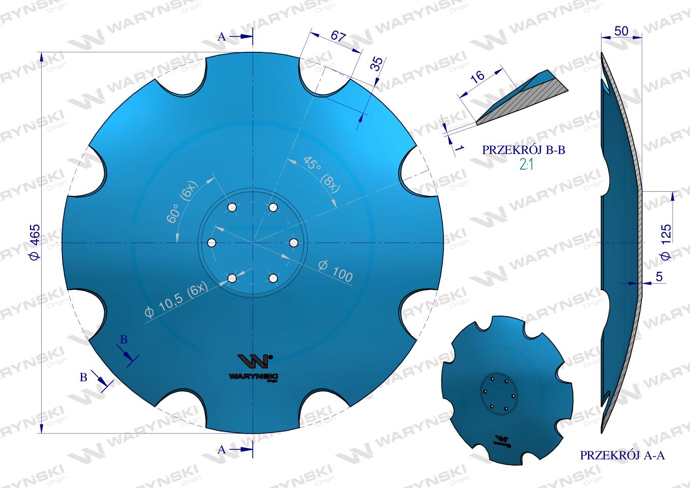 Talerz, uzębiony Z-8 fi 465 mocowanie 6/100 grubość 5 mm stal borowa, Lemken Helidor 3490471, Waryński