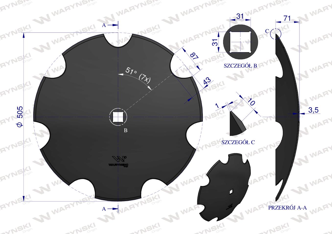 Talerz uzębiony Z-7 fi 510 otwór 30x30 stal borowa WARYŃSKI R 1242050040 1279201020