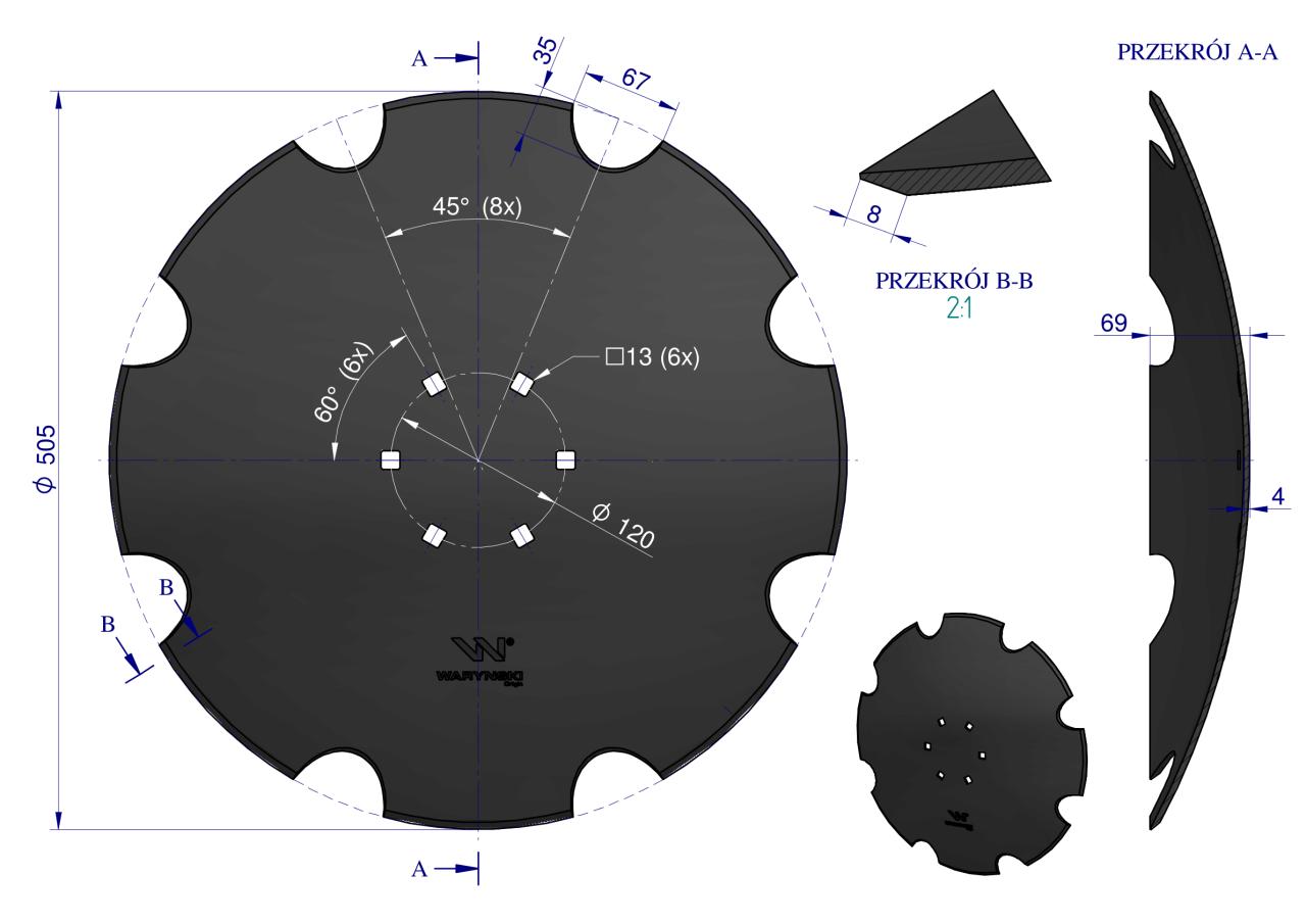 Talerz uzębiony Z-8 fi 510 mocowanie 6/120 grubość 4mm stal borowa WARYŃSKI R