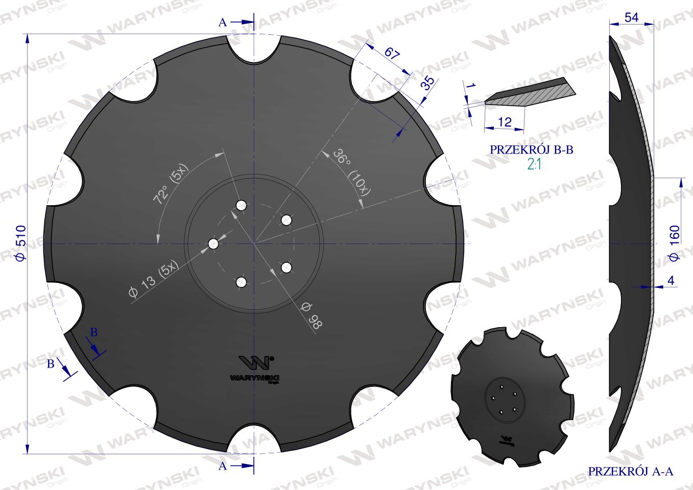 Talerz, uzębiony Z-10 fi 510 mocowanie 5/98 grubość 4 mm stal borowa prosta piasta, Waryński