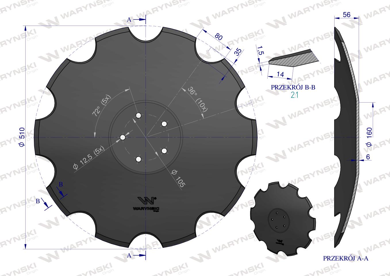 Talerz uzębiony Z-10 fi 520, mocowanie 5 / 105mm grubość 6mm, zastosowanie Horsch 28071305, Waryński
