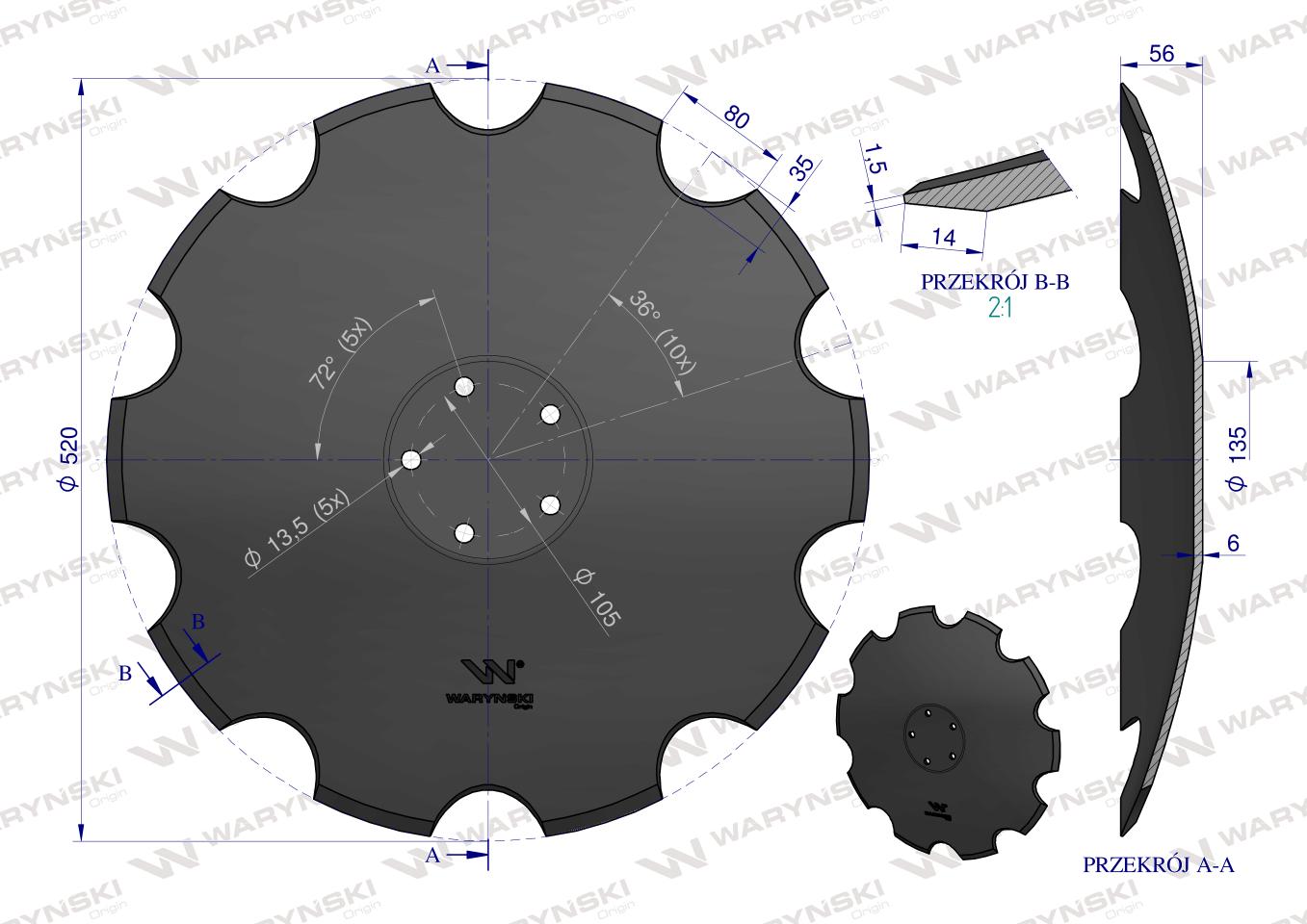 Talerz uzębiony Z-10 fi 520, mocowanie 5 / 105mm grubość 6mm, zastosowanie Horsch 28071305, Waryński