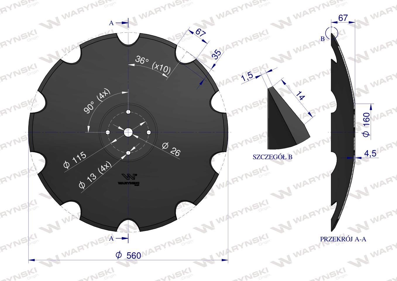 Talerz uzębiony Z-10 fi 560 mocowanie 4/115 grubość 4.5 mm zastosowanie Mandam Waryński