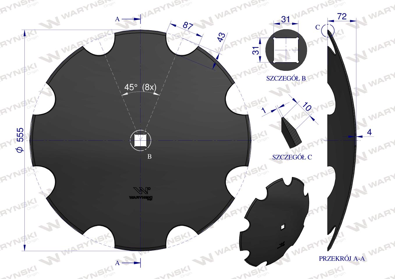 Talerz uzębiony Z-8 fi 560 otwór 30x30 stal borowa WARYŃSKI R 1279601010 1202030130