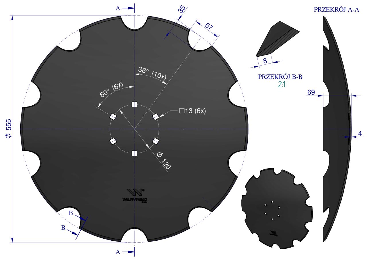Talerz uzębiony Z-10 fi 560 mocowanie 6/120 grubość 4 mm stal borowa WARYŃSKI R