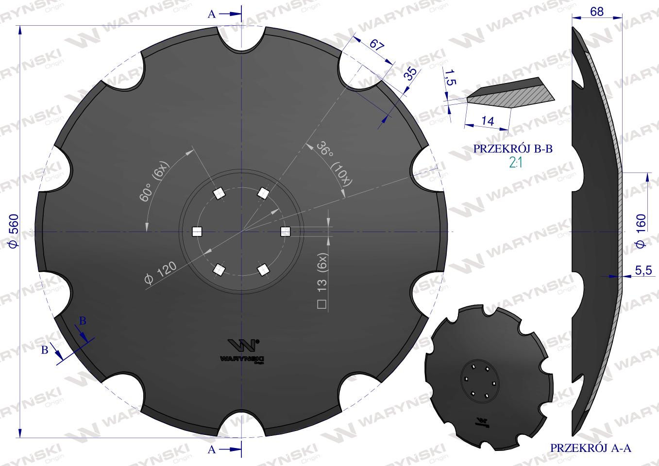 Talerz, uzębiony Z-10 fi 560 mocowanie 6/120 grubość 4,5 mm stal borowa prosta piasta, Tolmet, Waryński