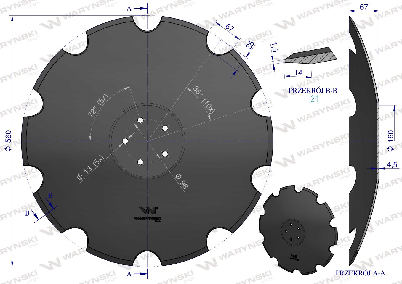 Talerz, uzębiony Z-10 fi 560 mocowanie 5/98 grubość 4,5 mm stal borowa prosta piasta, Waryński