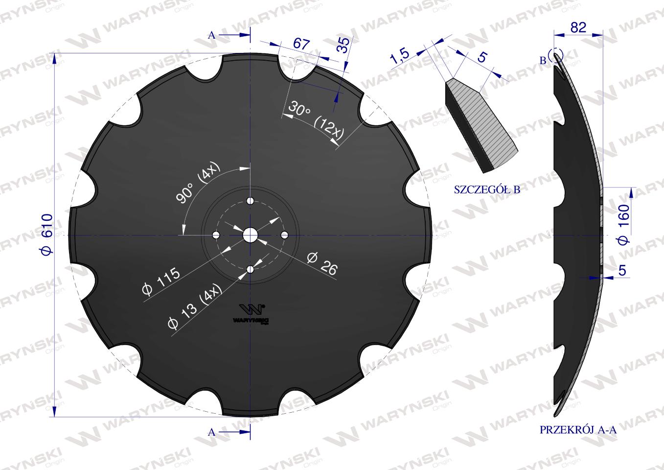 Talerz uzębiony Z-12 fi 610 mocowanie 4/115 grubość 5 mm zastosowanie Mandam Waryński