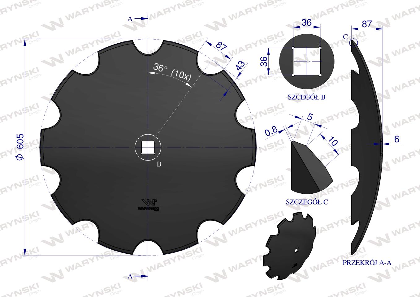 Talerz uzębiony Z-10 fi 610 otwór 35x35 grubość 6 mm stal borowa WARYŃSKI R