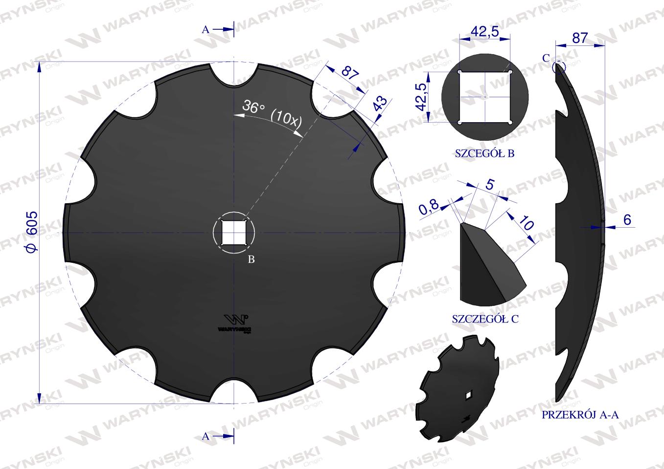 Talerz uzębiony Z-10 fi 610 otwór 40x40 grubość 6 mm stal borowa WARYŃSKI R
