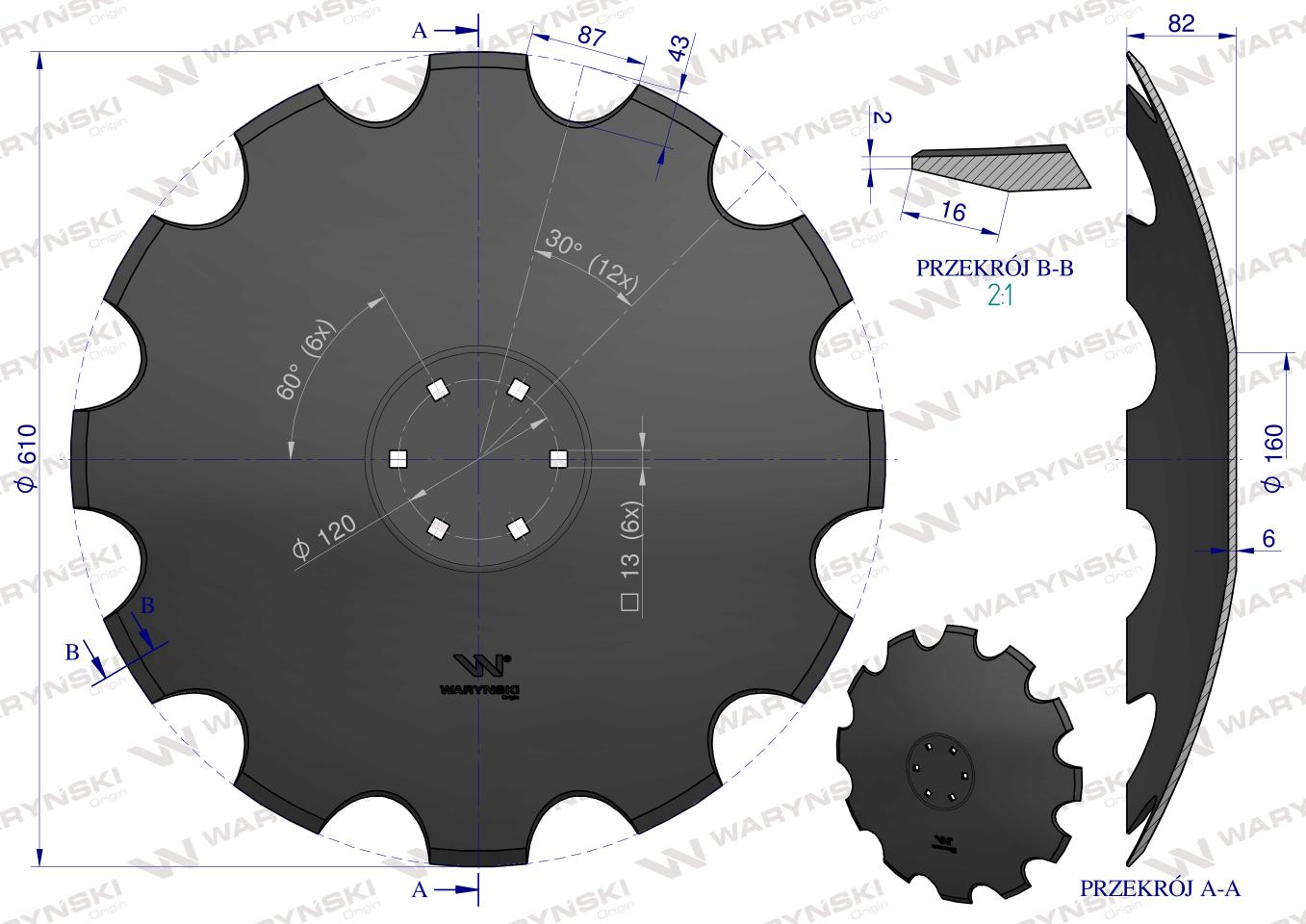 Talerz, uzębiony Z-12 fi 610 mocowanie 6/120 grubość 6 mm stal borowa prosta piasta, Tolmet, Waryński