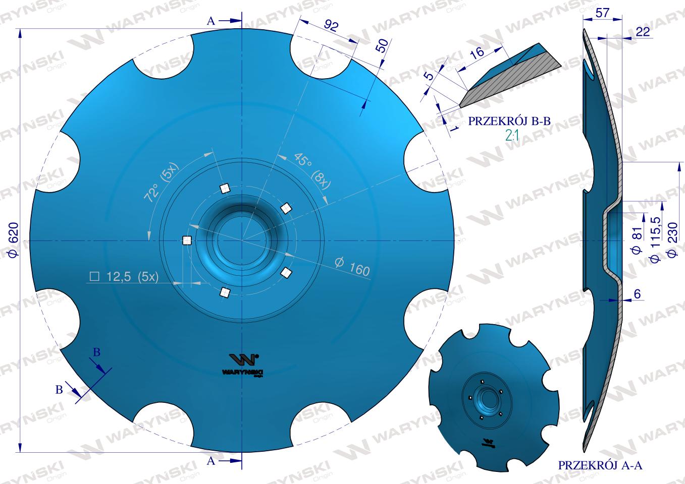 Talerz, uzębiony Z-8 fi 620 mocowanie 5/160 grubość 6 mm stal borowa, Lemken Rubin 3490467, Waryński