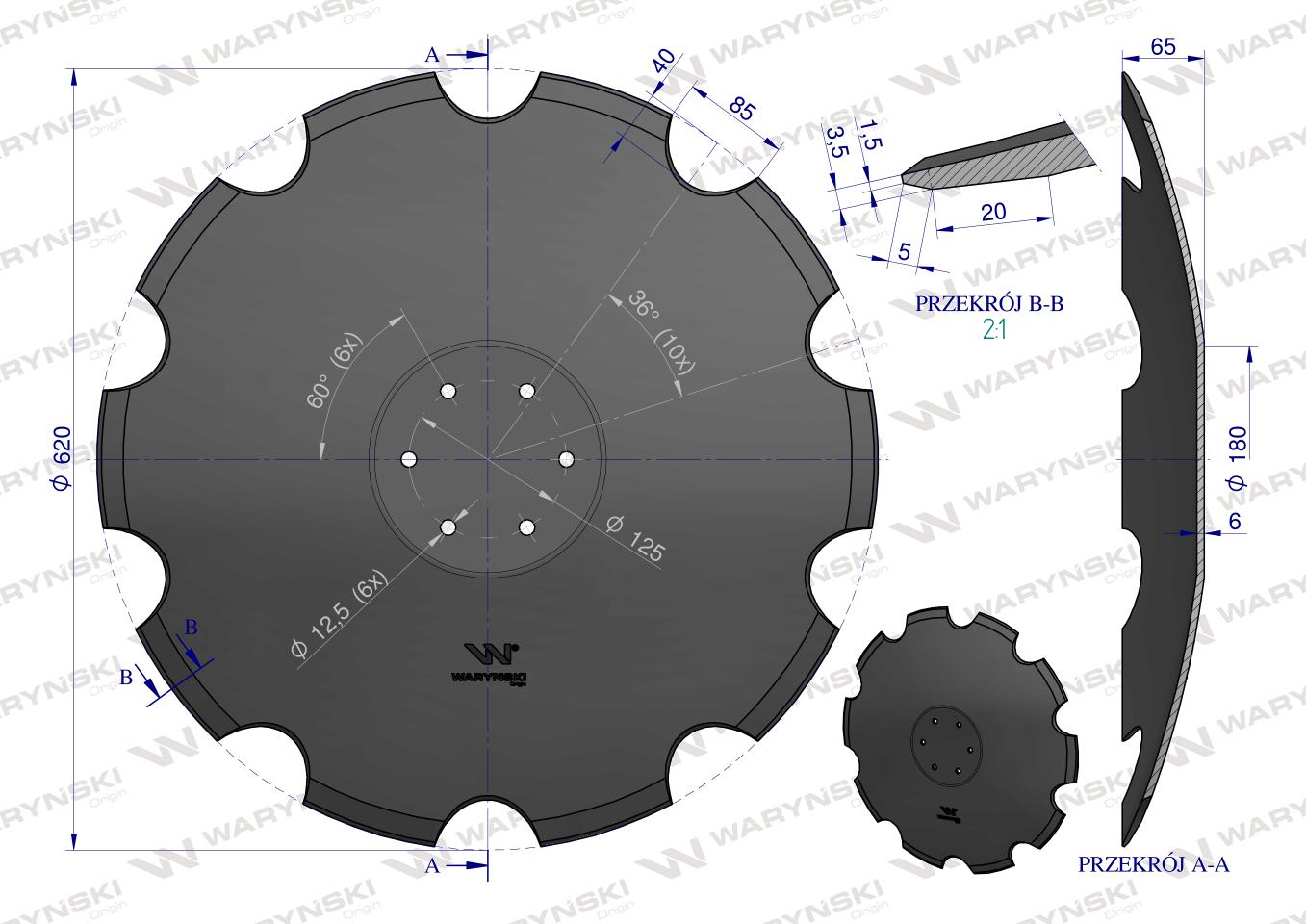 Talerz uzębiony Z-10 fi 620mm, mocowanie 6 / 125mm grubość 6mm, zastosowanie Horsch 00311103, Waryński
