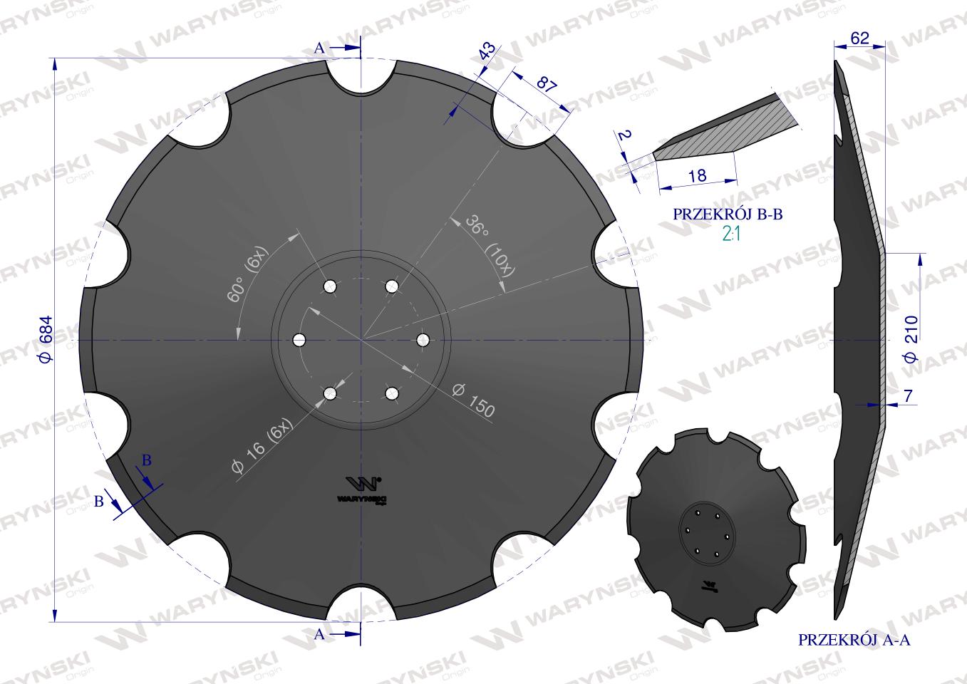 Talerz uzębiony Z-10 fi 684mm, mocowanie 6 / 150mm grubość 7mm, zastosowanie Horsch 00311081, Waryński