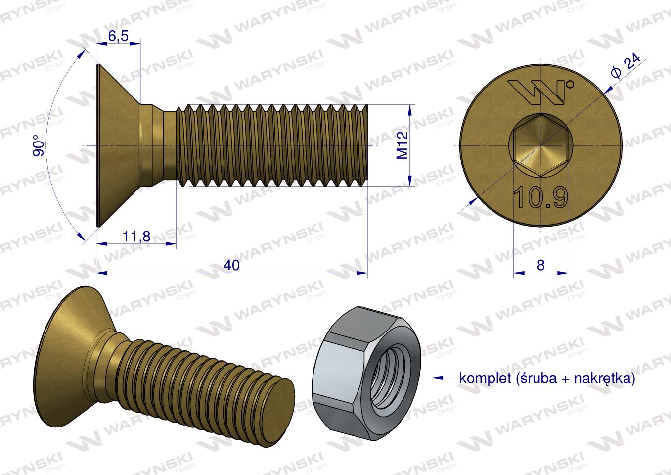 Śruba kpl., M12x40 - imbus klasa 10,9 DIN7991, (sprzedawane po 25), Waryński