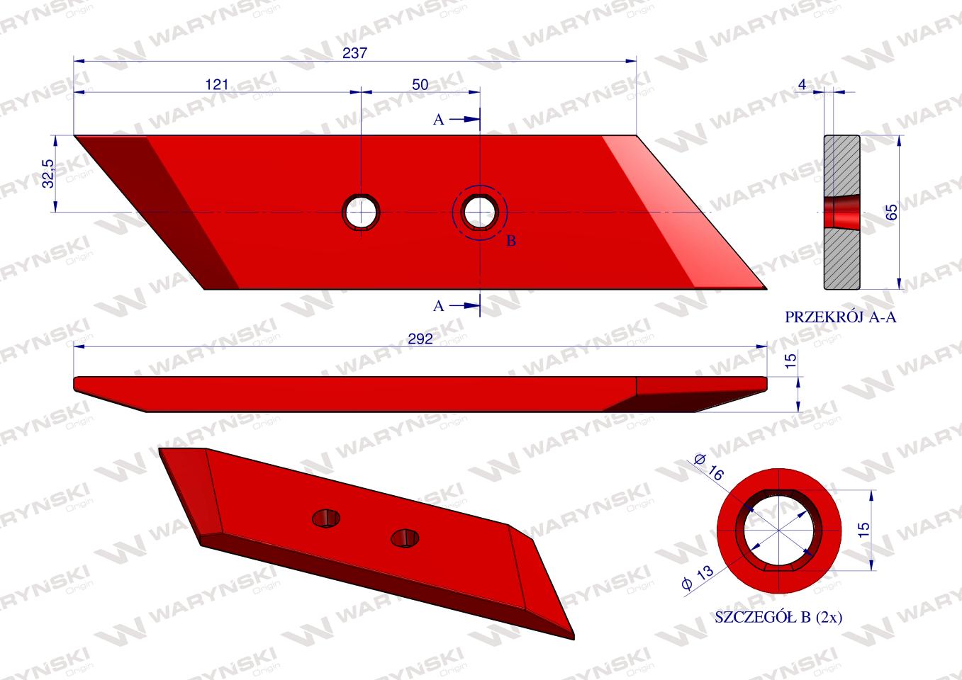 Dłuto, nakładka lemiesza obracalna lewa zastosowanie Vogel&Noot PK801102 Pług  stal borowa WARYŃSKI
