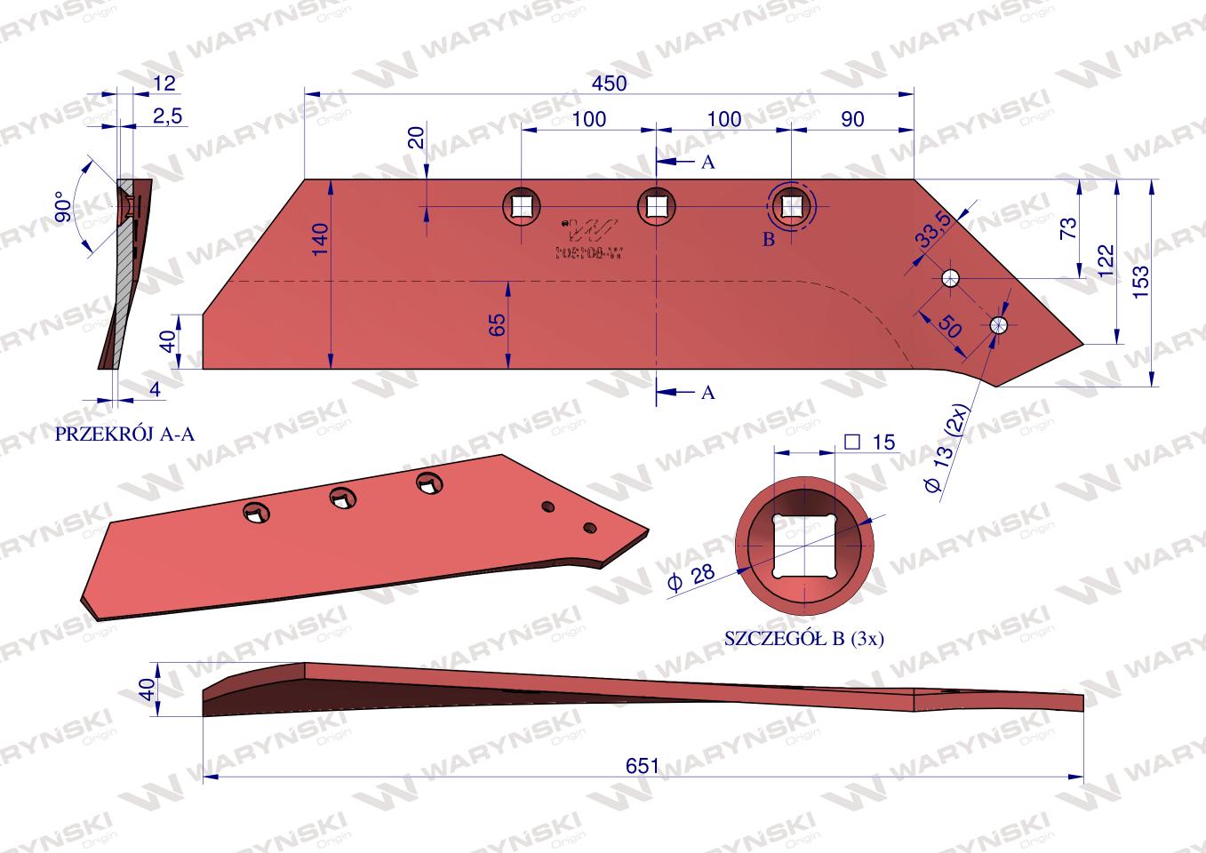 Lemiesz, prawy 18", zastosowanie Akpil WSM 43 stal borowa, Waryński
