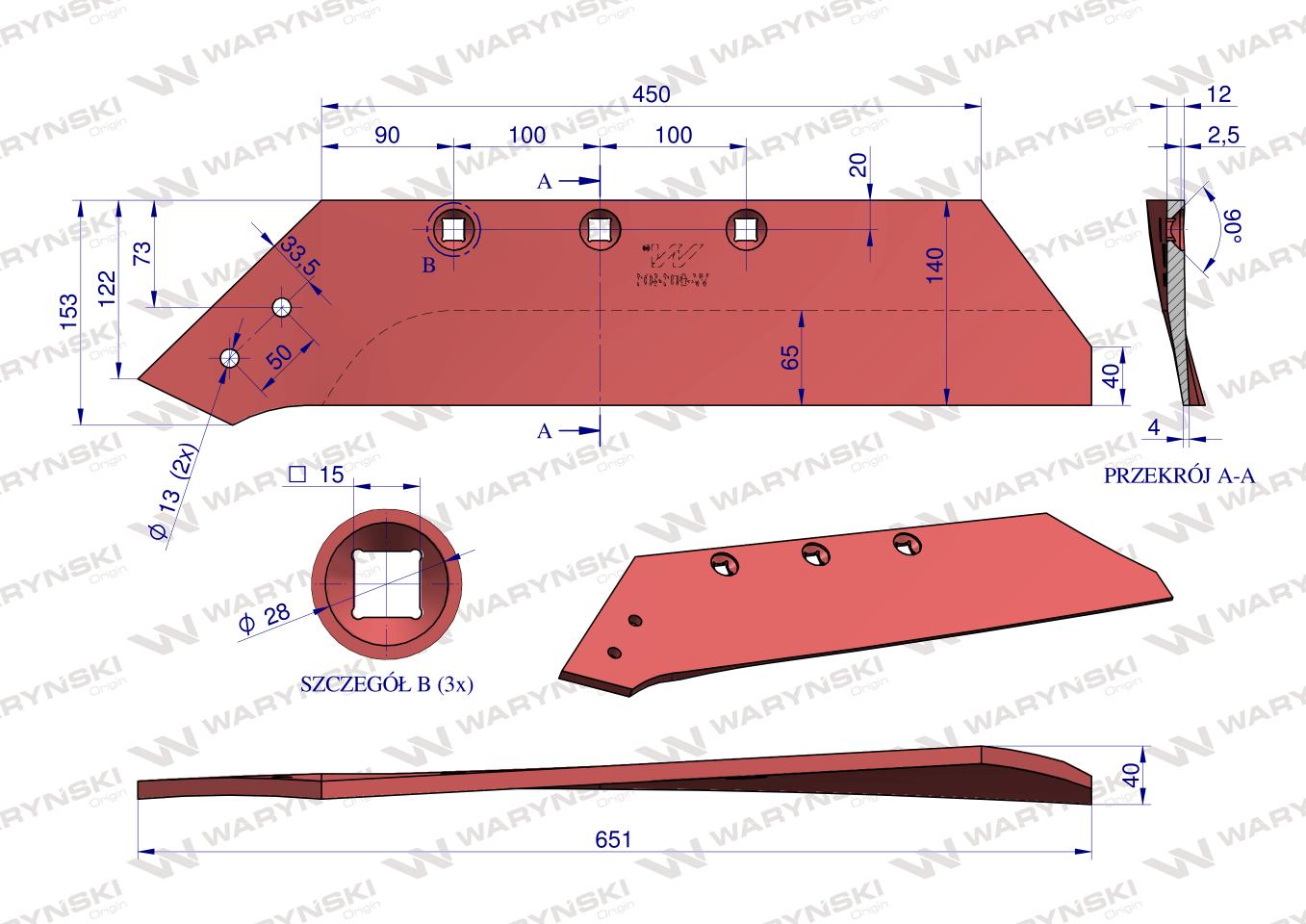 Lemiesz, lewy 18", zastosowanie Akpil WSM 43 stal borowa, Waryński
