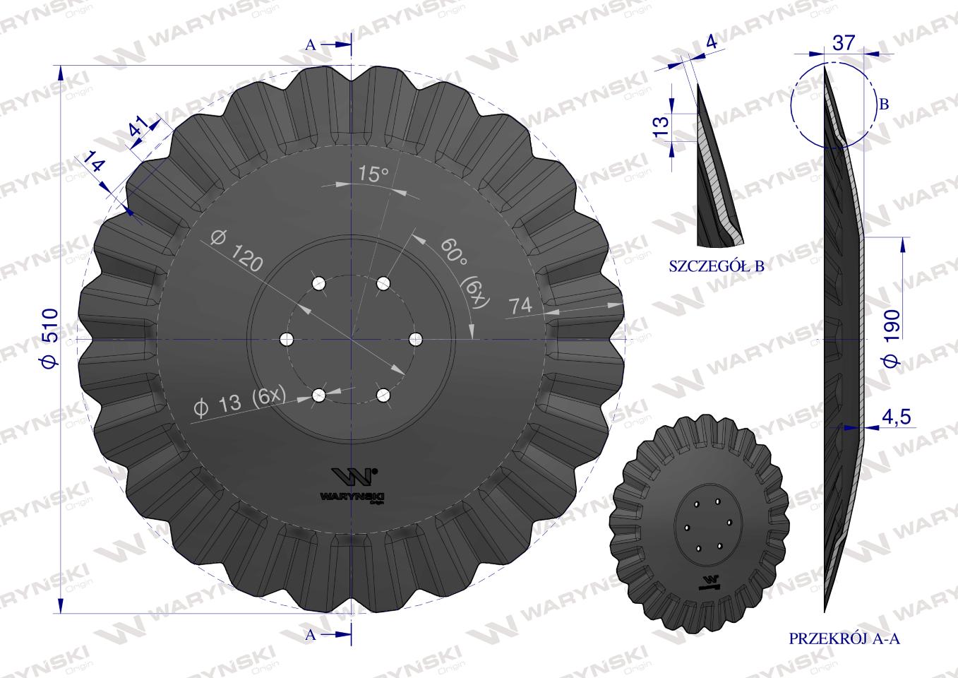 Talerz, tłoczony fi 510 mocowanie 6/120 prosta piasta grubość 4,5 mm stal borowa, Waryński