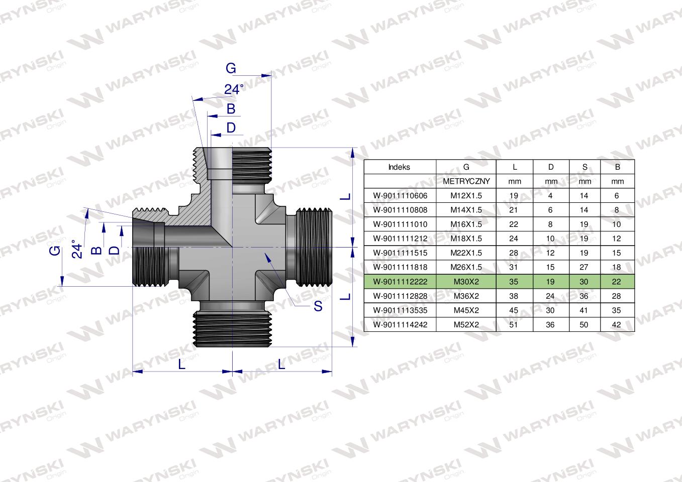 Czwórnik hydrauliczny metryczny BBBB M30x2 22L Waryński