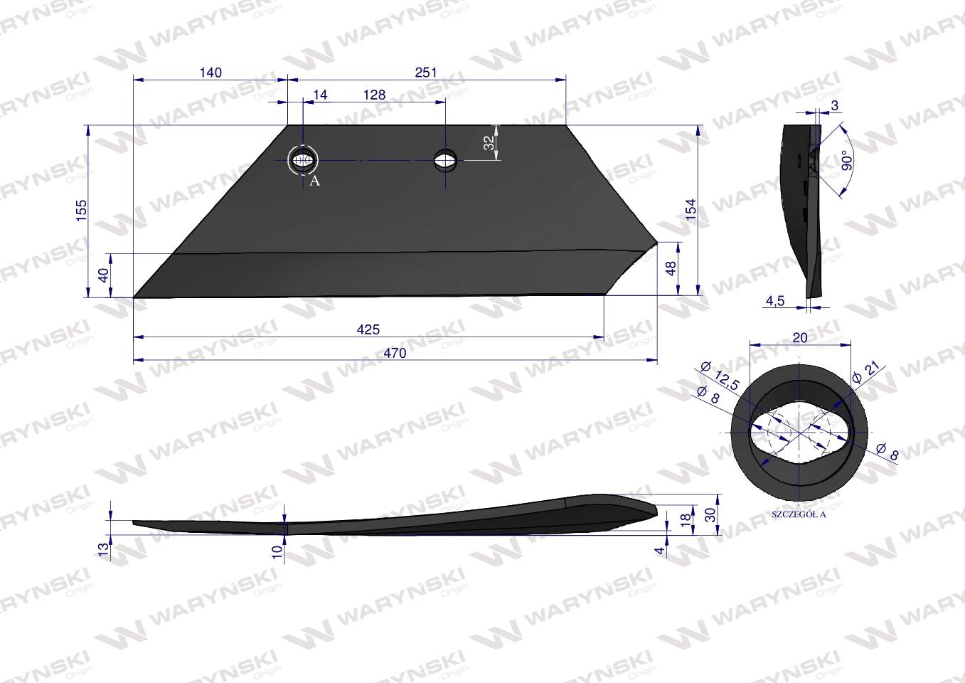 Lemiesz lewy 16" Overum Pług stal borowa Waryński
