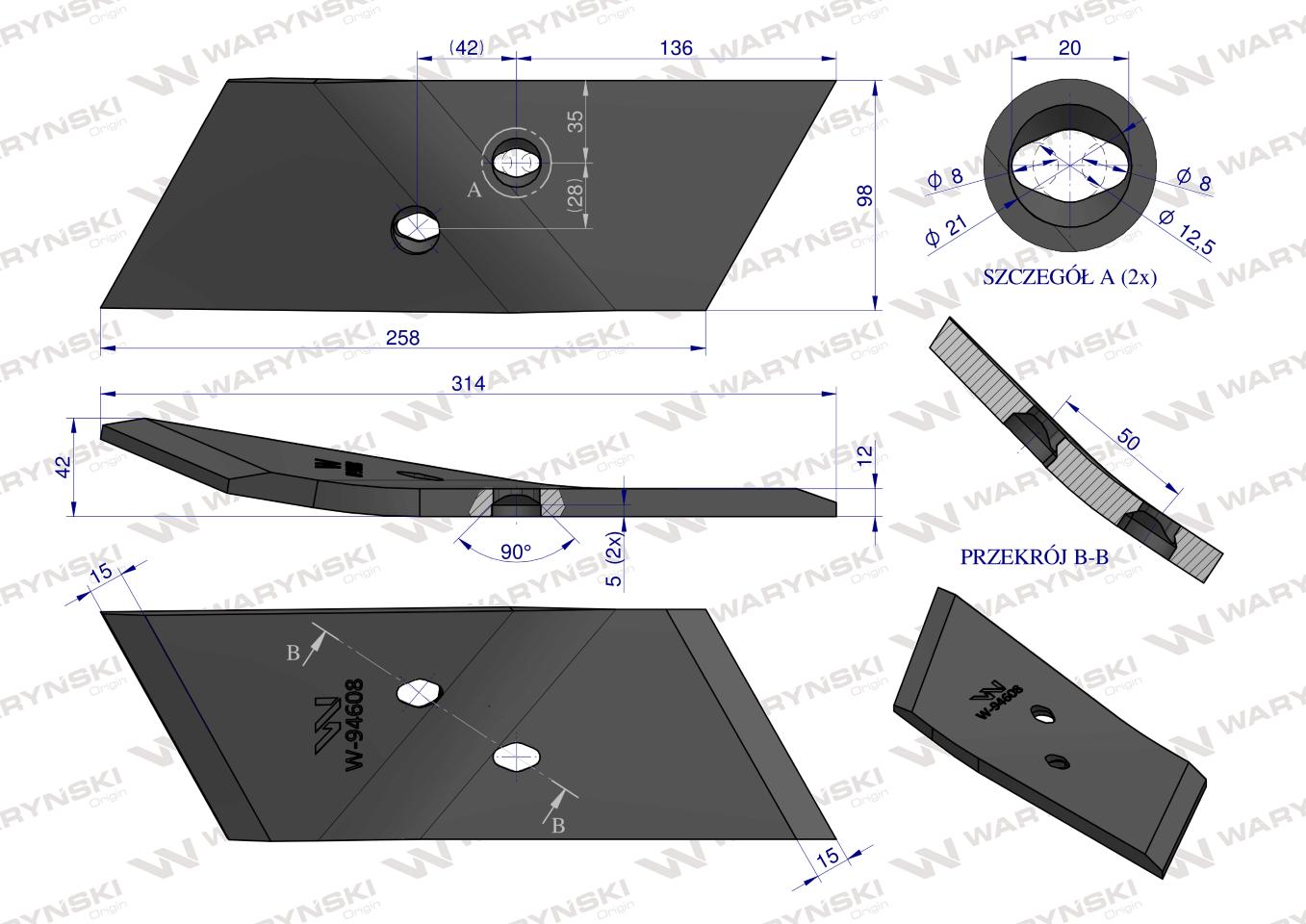 Dłuto, nakładka lemiesza obracalna prawa zastosowanie Overum stal borowa WARYŃSKI
