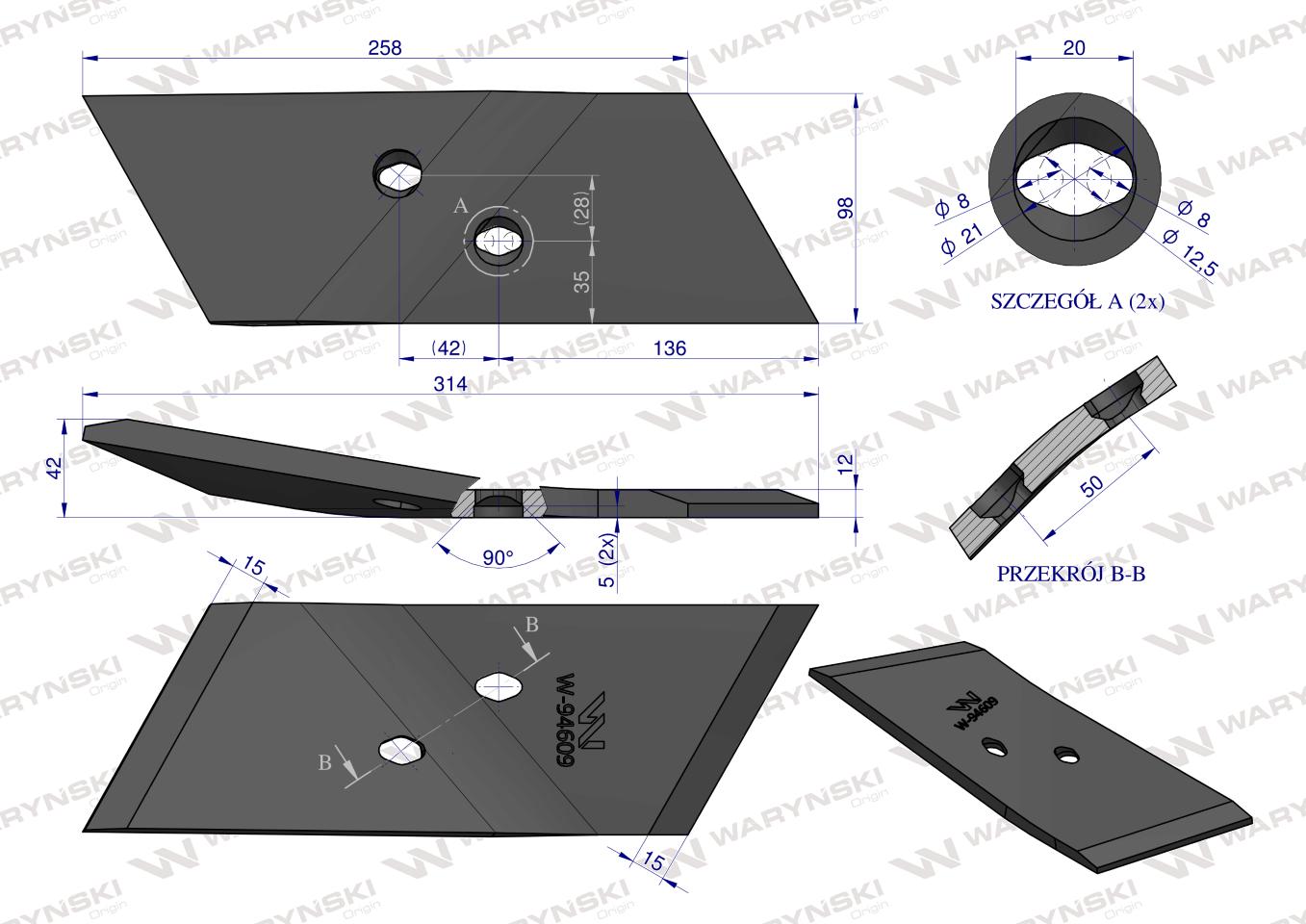 Dłuto, nakładka lemiesza obracalna lewa zastosowanie Overum stal borowa WARYŃSKI
