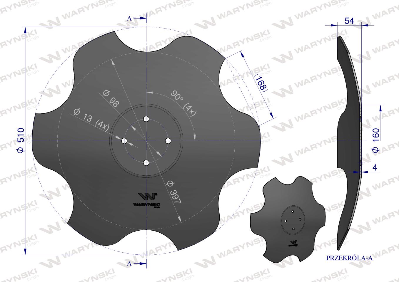 Talerz, skrajny lewy fi 510 mocowanie 4/98 grubość 4 mm stal borowa, Waryński
