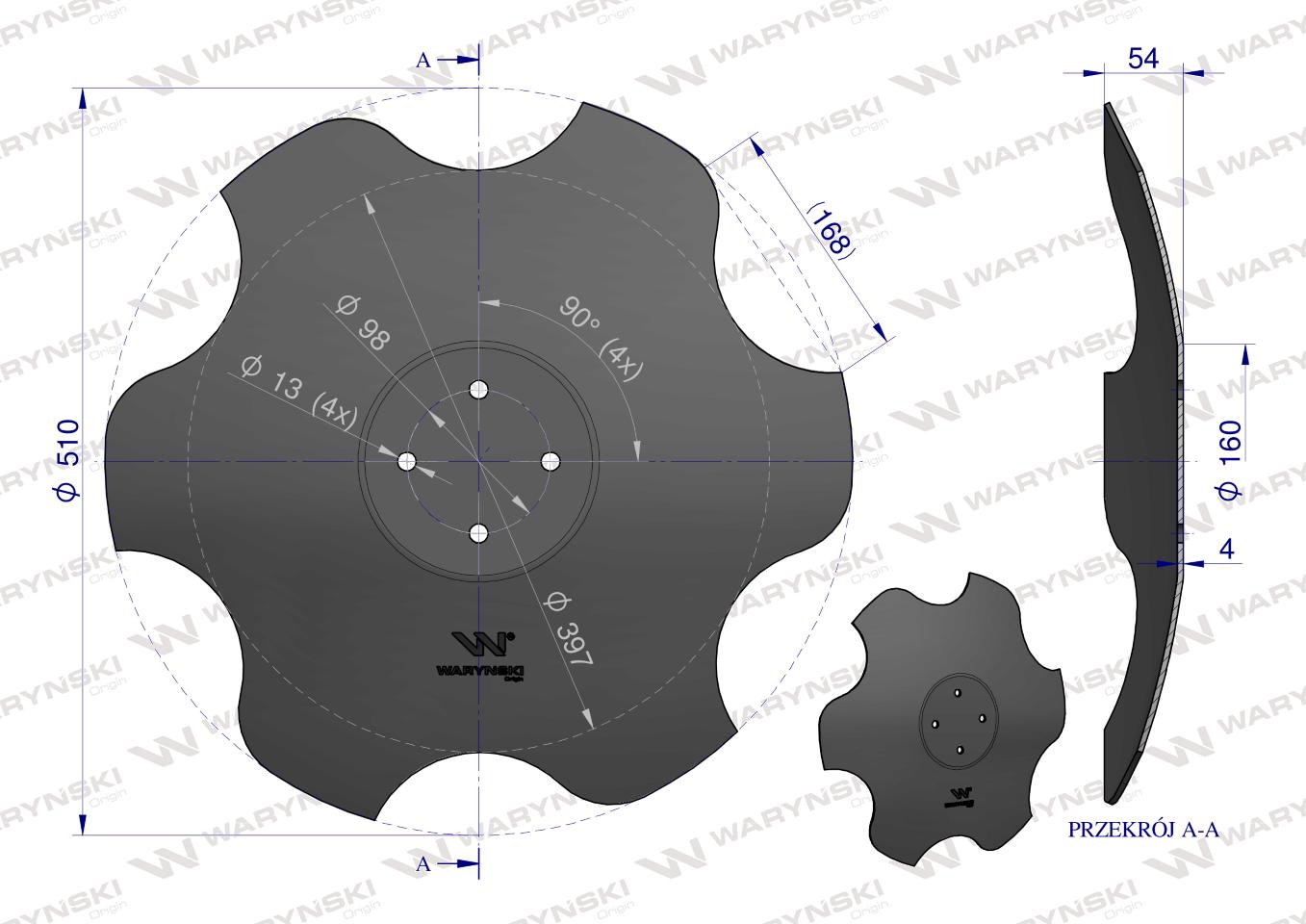 Talerz, skrajny prawy fi 510 mocowanie 4/98 grubość 4 mm stal borowa, Waryński