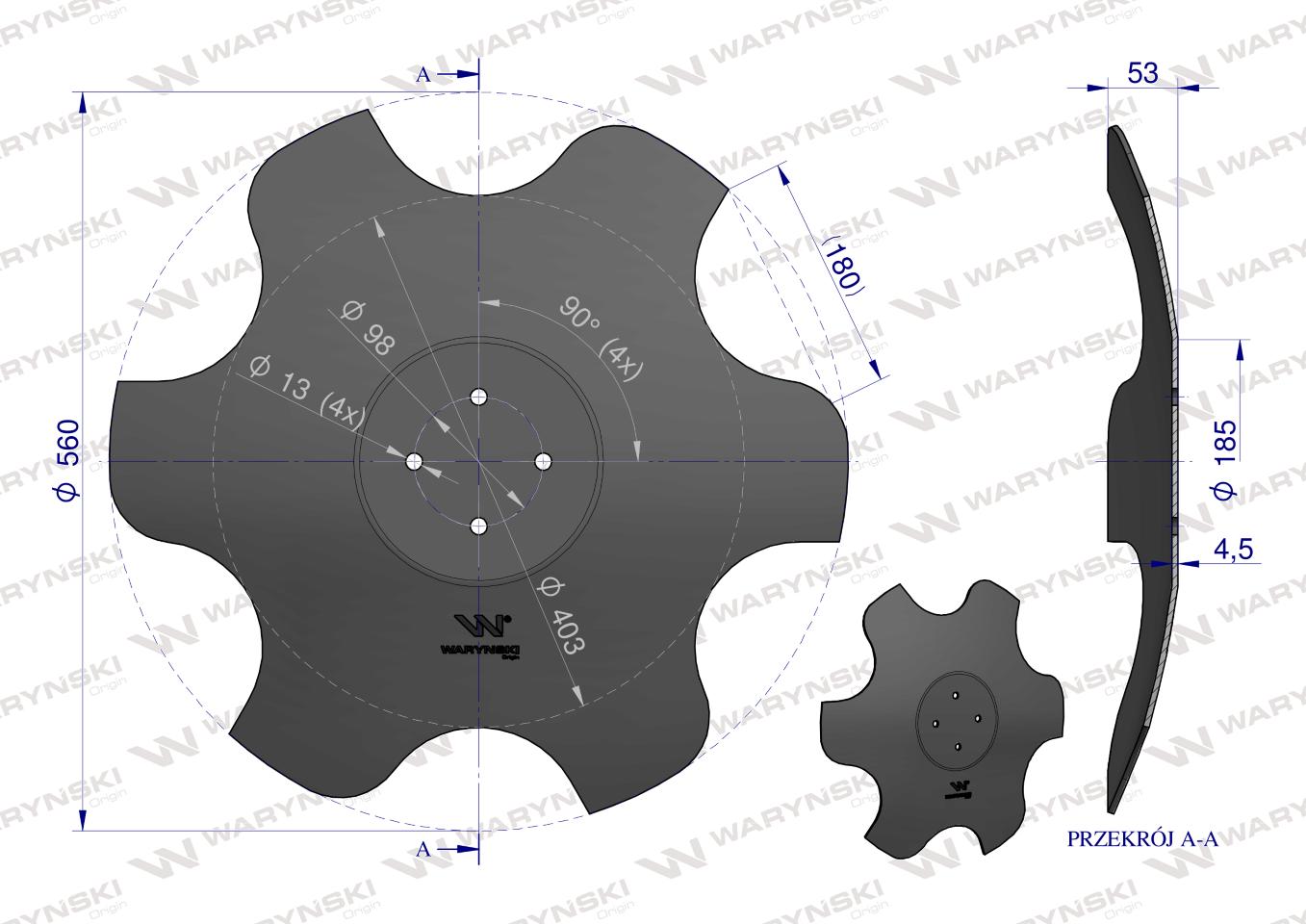 Talerz, skrajny lewy fi 560 mocowanie 4/98 grubość 4,5 mm stal borowa, Waryński