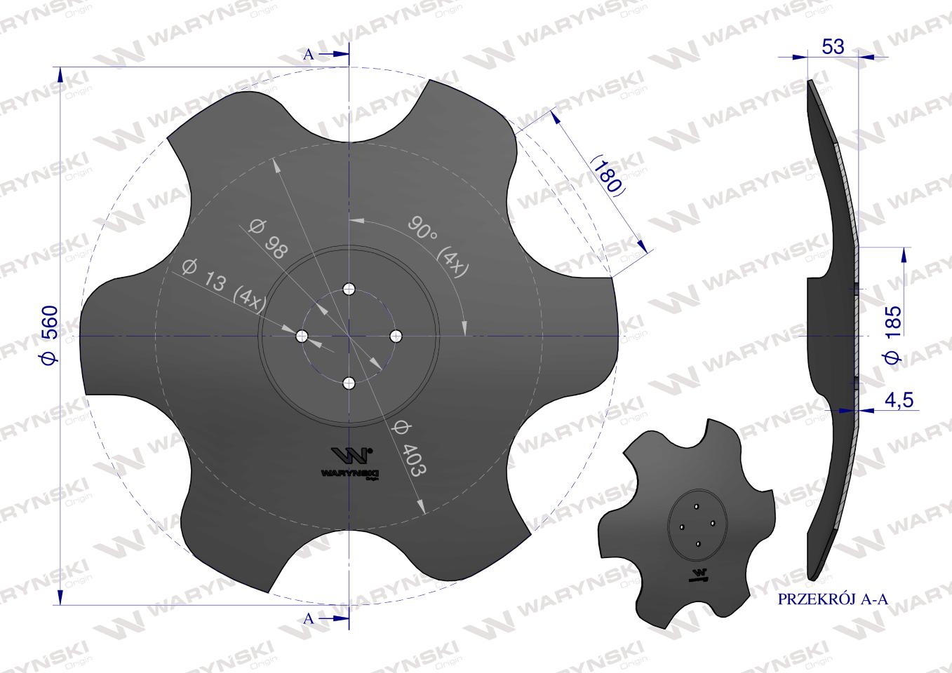 Talerz, skrajny prawy fi 560 mocowanie 4/98 grubość 4,5 mm stal borowa, Waryński