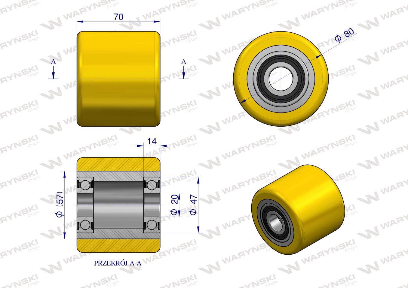 Rolka uniwersalna do wózka paletowego poliuretan - fi80x70x20 Waryński