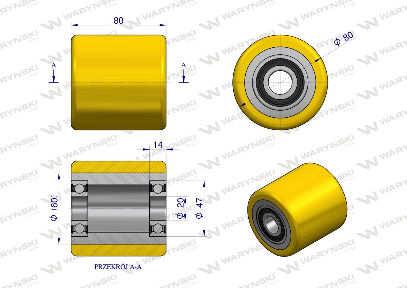 Rolka uniwersalna do wózka paletowego poliuretan - fi80x80x20 Waryński