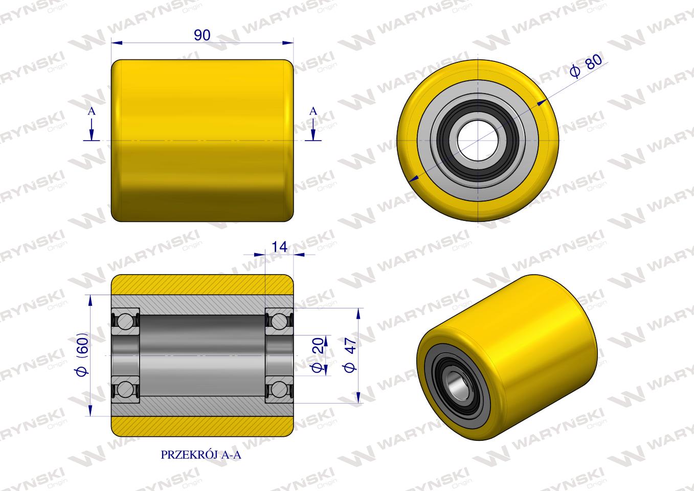 Rolka uniwersalna do wózka paletowego poliuretan - fi80x90x20 Waryński