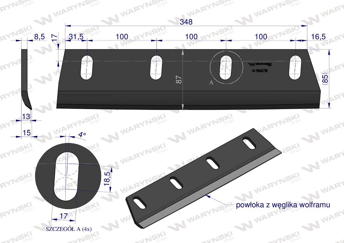Nóż sieczkarni napawany prawy do trawy 380x90x8.5R otwory 4x35mm zastosowanie Claas Jaguar 9846710 WARYŃSKI