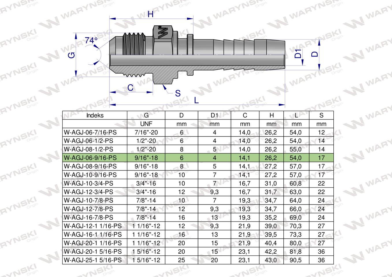 Zakucie hydrauliczne AGJ DN06 9/16"-18 UNF PREMIUM Waryński ( sprzedawane po 10 )