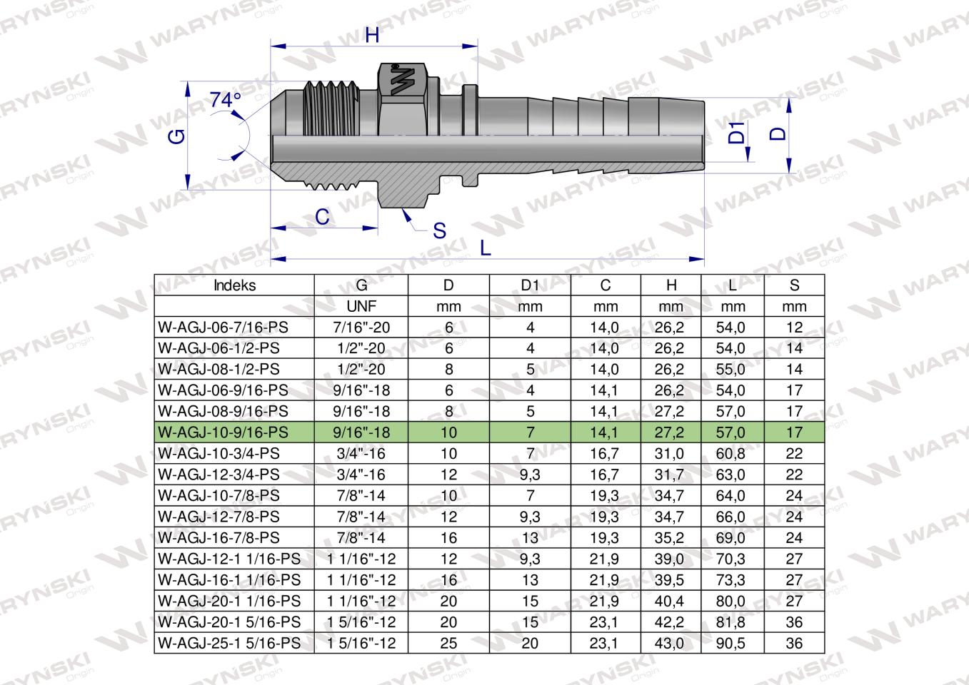 Zakucie hydrauliczne AGJ DN10 9/16"-18 UNF PREMIUM Waryński ( sprzedawane po 10 )