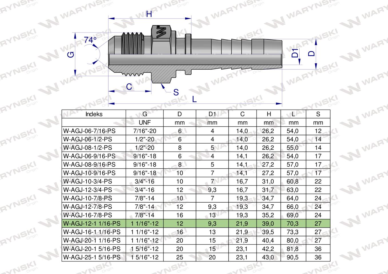 Zakucie hydrauliczne AGJ DN13 1 1/16"-12 UNF PREMIUM Waryński ( sprzedawane po 10 )
