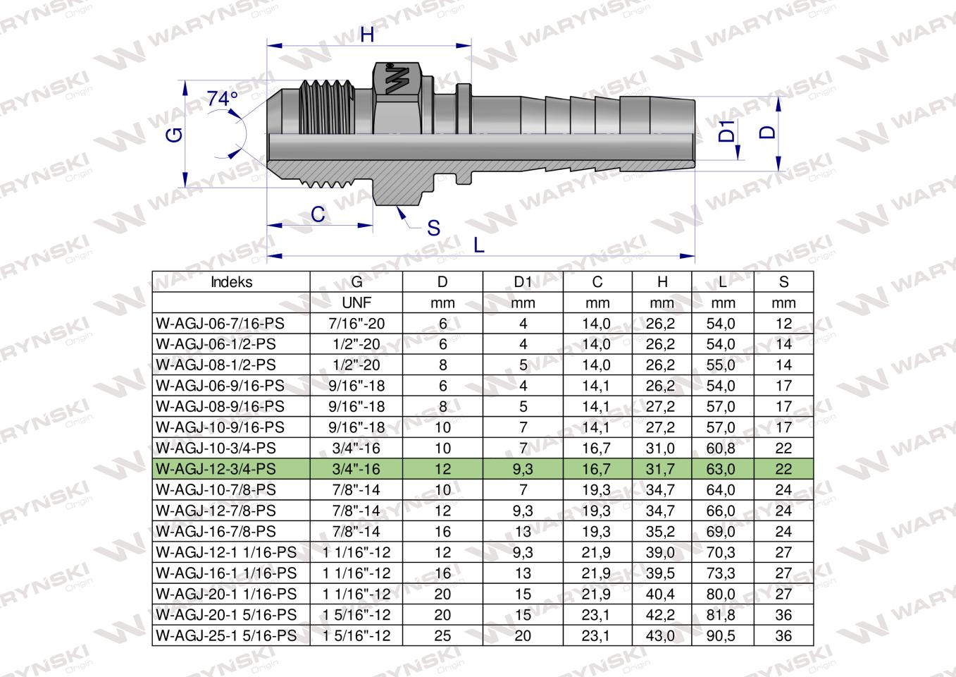 Zakucie hydrauliczne AGJ DN13 3/4""-16 UNF  PREMIUM Waryński ( sprzedawane po 10 )