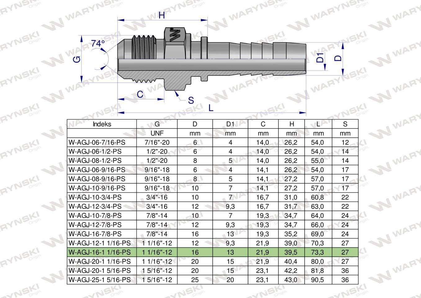 Zakucie hydrauliczne AGJ DN16 1 1/16"-12 UNF PREMIUM Waryński ( sprzedawane po 2 )