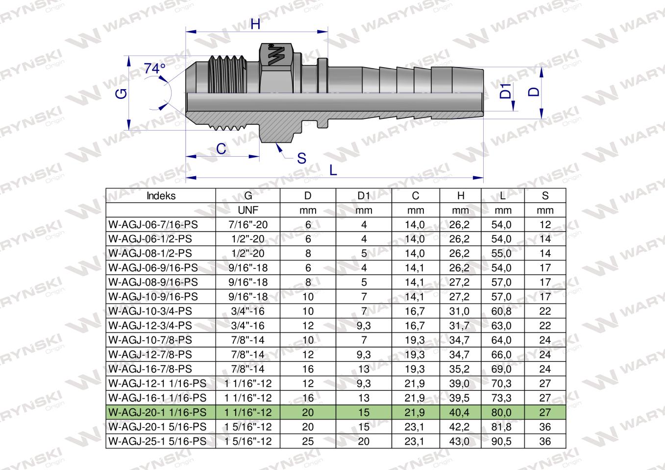 Zakucie hydrauliczne AGJ DN20 1 1/16"-12 UNF PREMIUM Waryński ( sprzedawane po 2 )