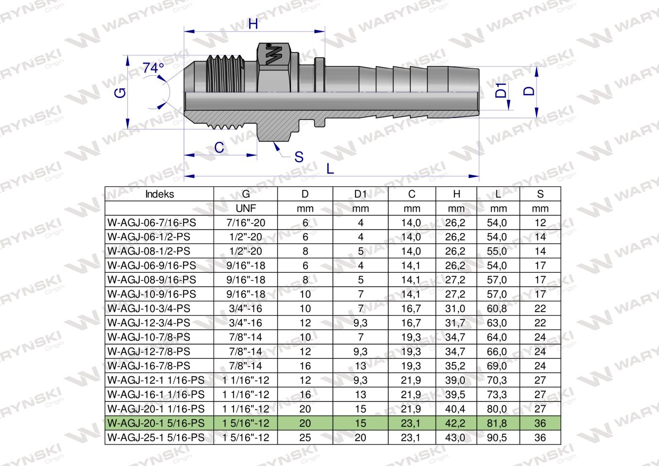 Zakucie hydrauliczne AGJ DN20 1 5/16"-12 UNF PREMIUM Waryński ( sprzedawane po 2 )
