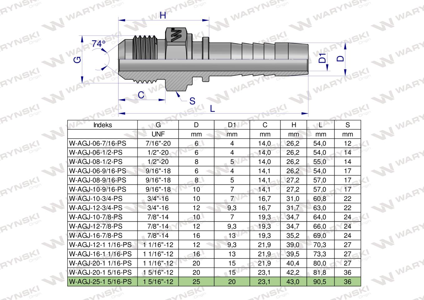 Zakucie hydrauliczne AGJ DN25 1 5/16"-12 UNF PREMIUM Waryński