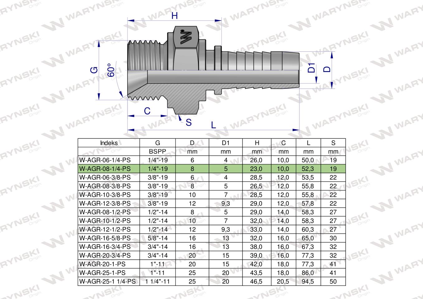 Zakucie hydrauliczne AGR DN08 1/4"-19 PREMIUM Waryński ( sprzedawane po 10 )