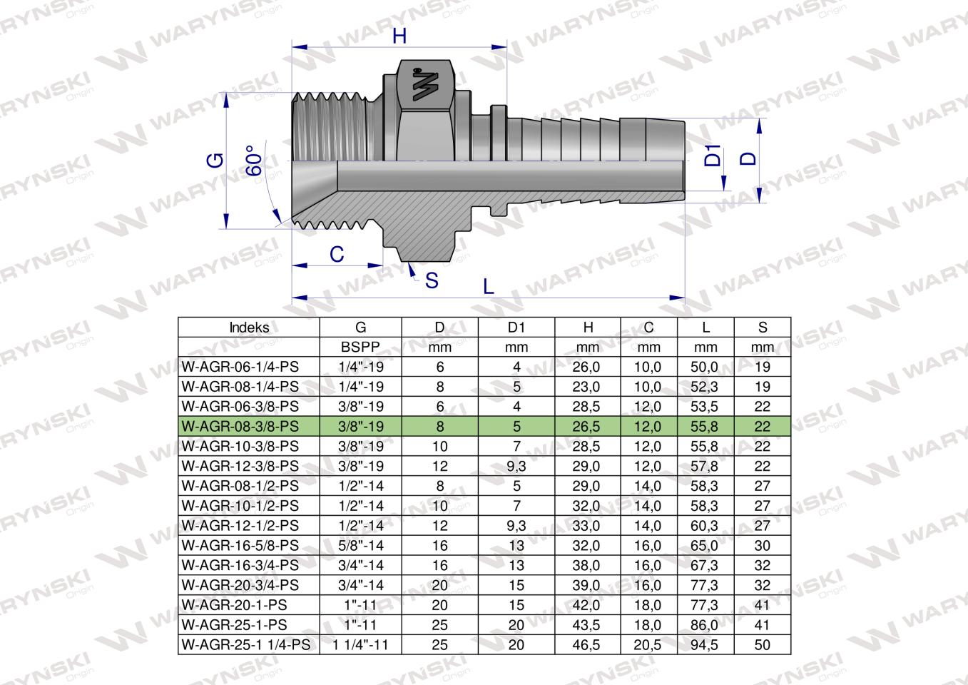 Zakucie hydrauliczne AGR DN08 3/8"-19 PREMIUM Waryński ( sprzedawane po 10 )